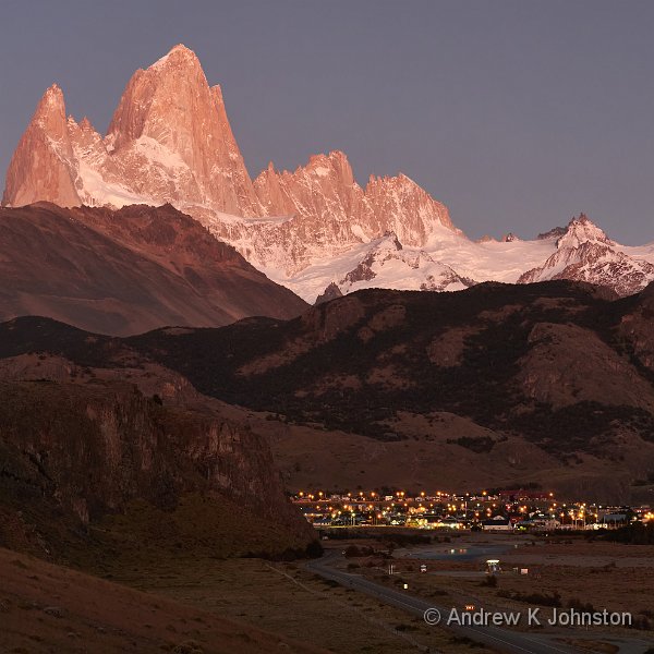 230216_G9_1047466.jpg - Pre-dawn glow over Mt. Fitzroy, with the lights of El Chalten