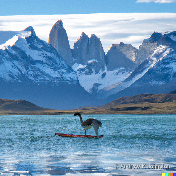 DallE-photo-guanaco-paddle-board.png - A photo of a guanaco on a paddle board on a lake in front of the Torres del Paine mountains (courtesy of Dall-E)