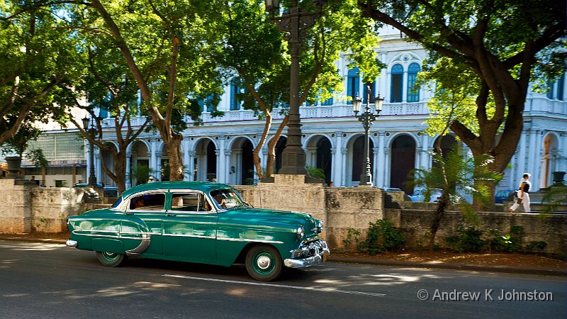 1110_7D_2404.jpg - Nice old green car under dappled light on the Malecon in Havanna, Cuba